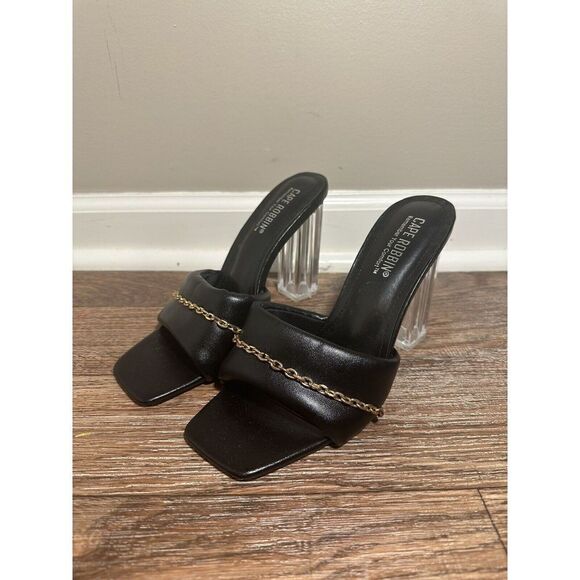 CAPE ROBBIN Cherie Gold Chain Square Lucite‎ Heeled Mule Sandals Size 8.5 Black - Picture 4 of 9